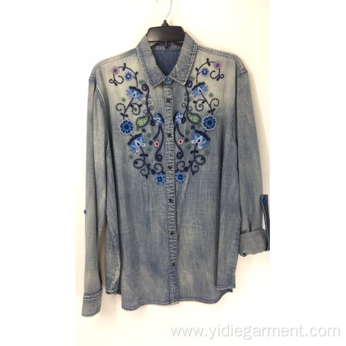 China Ladies' Long Sleeve Embroidery Denim Shirt Factory